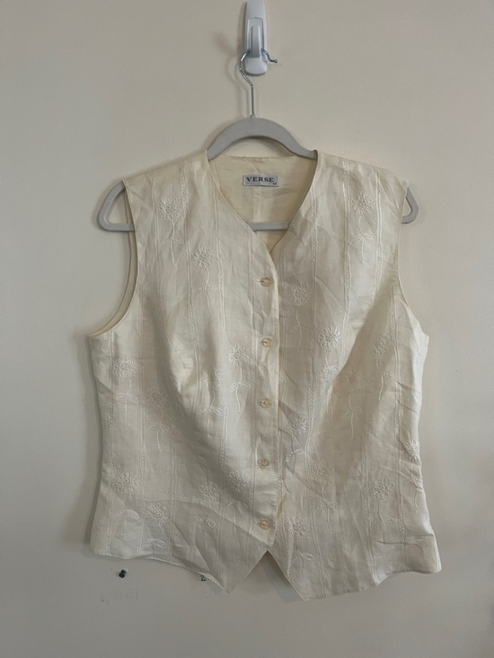 Verse Tops - Verse Linen Vest Waistcoast Button Down‎ Top Embroidered Cream Floral Lagenlook